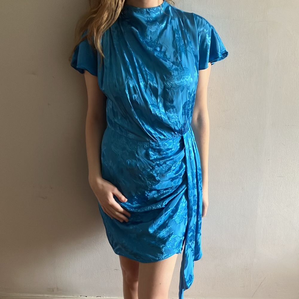 Cindylou by SAYLOR Blue Jacquard Mini Dress High Neck Sash Sz Large 60s